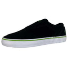 The Swampy Slip On by Opus Footwear is a black and green suede low-top sneaker with a white rubber sole and green stripe, shown in side profile against a white background.