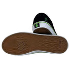 The Swampy Slip On Opus Footwear Black Green Suede Shoes are shown with one upright and the other revealing the brown, textured sole marked OPUS and geometric shapes. They feature green suede accents and white midsoles.