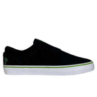 The Swampy Slip On Opus Footwear Black Green Suede Shoes feature a black low-top design, white sole, and thin green stripe above the sole, displayed in a side profile against a white background.