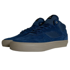 A pair of Standard Mid Opus Footwear Navy Cream Suede Shoes with mesh details, beige rubber soles, and black tongue labels, displayed on a white background.