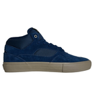 A side view of Standard Mid Opus Footwear Navy Cream Suede Shoes featuring mesh panels, beige rubber sole, laces, padded collar, and a low-to-mid top design.