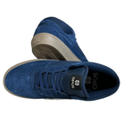 A pair of Standard Mid Opus Footwear Navy Cream Suede Shoes with blue suede uppers and beige rubber soles. One shoe stands upright; the other is on its side, showing the patterned sole and “Opus” branding on insole and tongue.