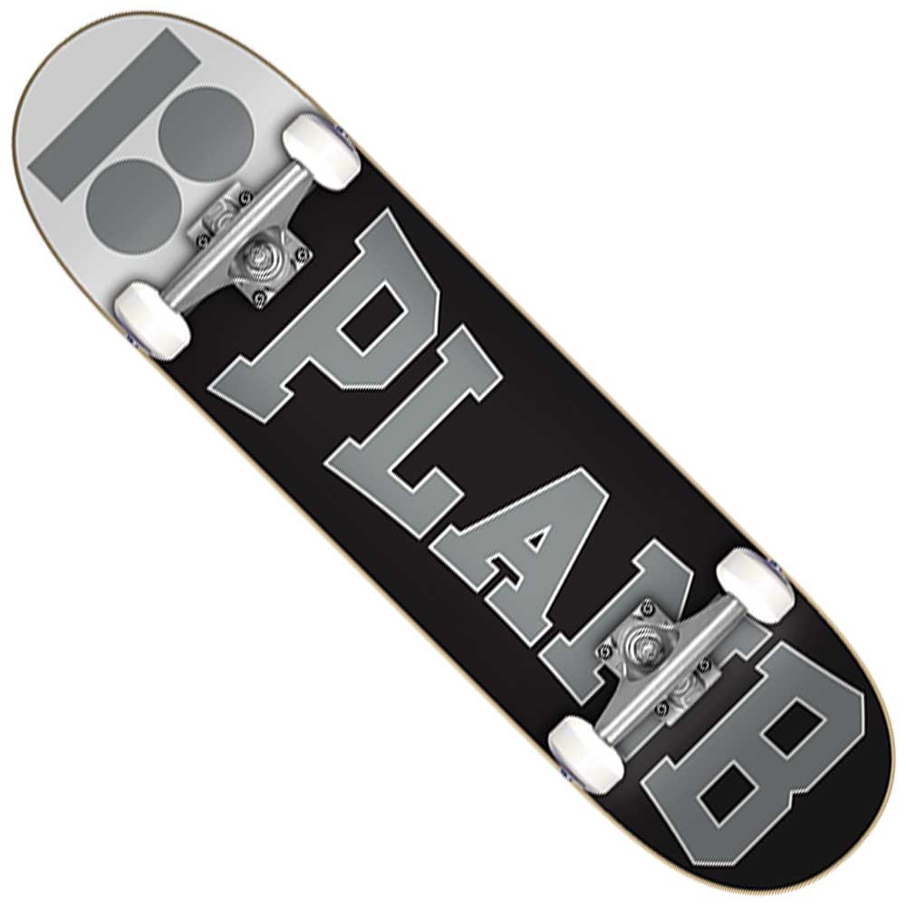 The Academy 7.75 Plan B Complete Skateboard Youth features a black deck with bold gray PLAN B lettering, white wheels, and silver trucks for smooth riding.