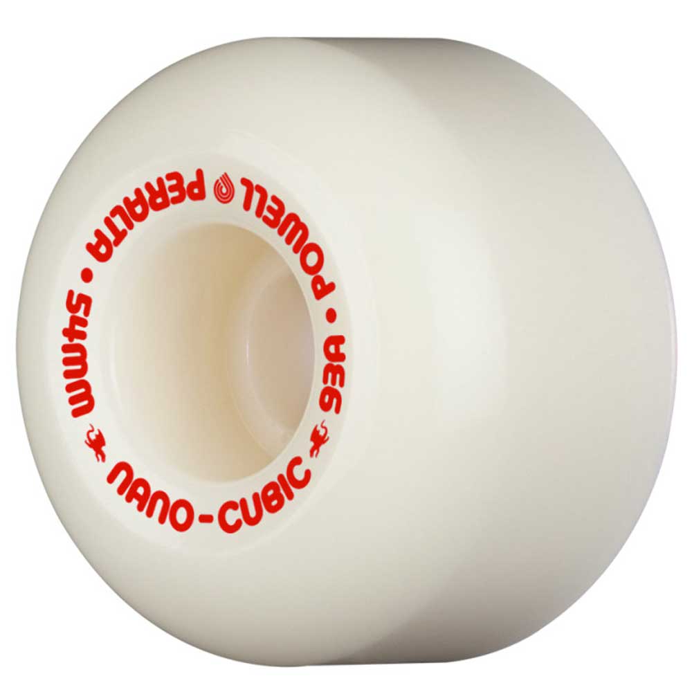 A white Powell Peralta Wheels Nano Cubics 54mm 93A skateboard wheel with red text, ideal for fans of Powell Peralta.