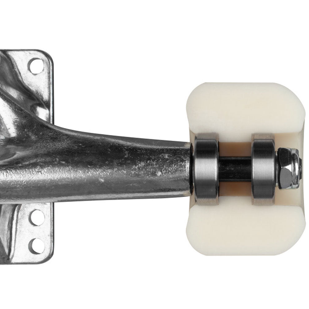 Close-up of a skateboard truck with a single Powell Peralta Wheels Nano Cubics 54mm93A, 36.5mm wide, mounted on a silver metal plate. The white wheel faces right, showing part of the truck and mounting base.