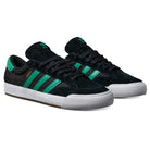 The JH8143 Nora Black Green Suede Adidas Skateboarding Shoes feature green stripes, white midsoles, rubber outsoles, and vintage-inspired design with Adidas logos on the tongue and heel.