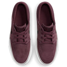 The Janoski GS YOUTH Burgundy Crush Black Suede Nike SB Skateboarding Shoes feature white soles and laces, shown from above and placed side by side on a white background.
