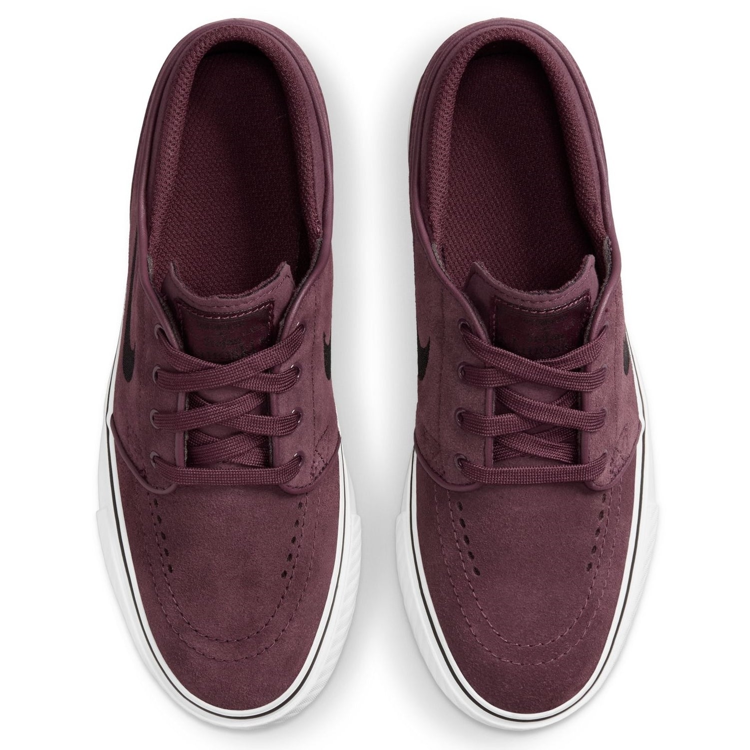The Janoski GS YOUTH Burgundy Crush Black Suede Nike SB Skateboarding Shoes feature white soles and laces, shown from above and placed side by side on a white background.