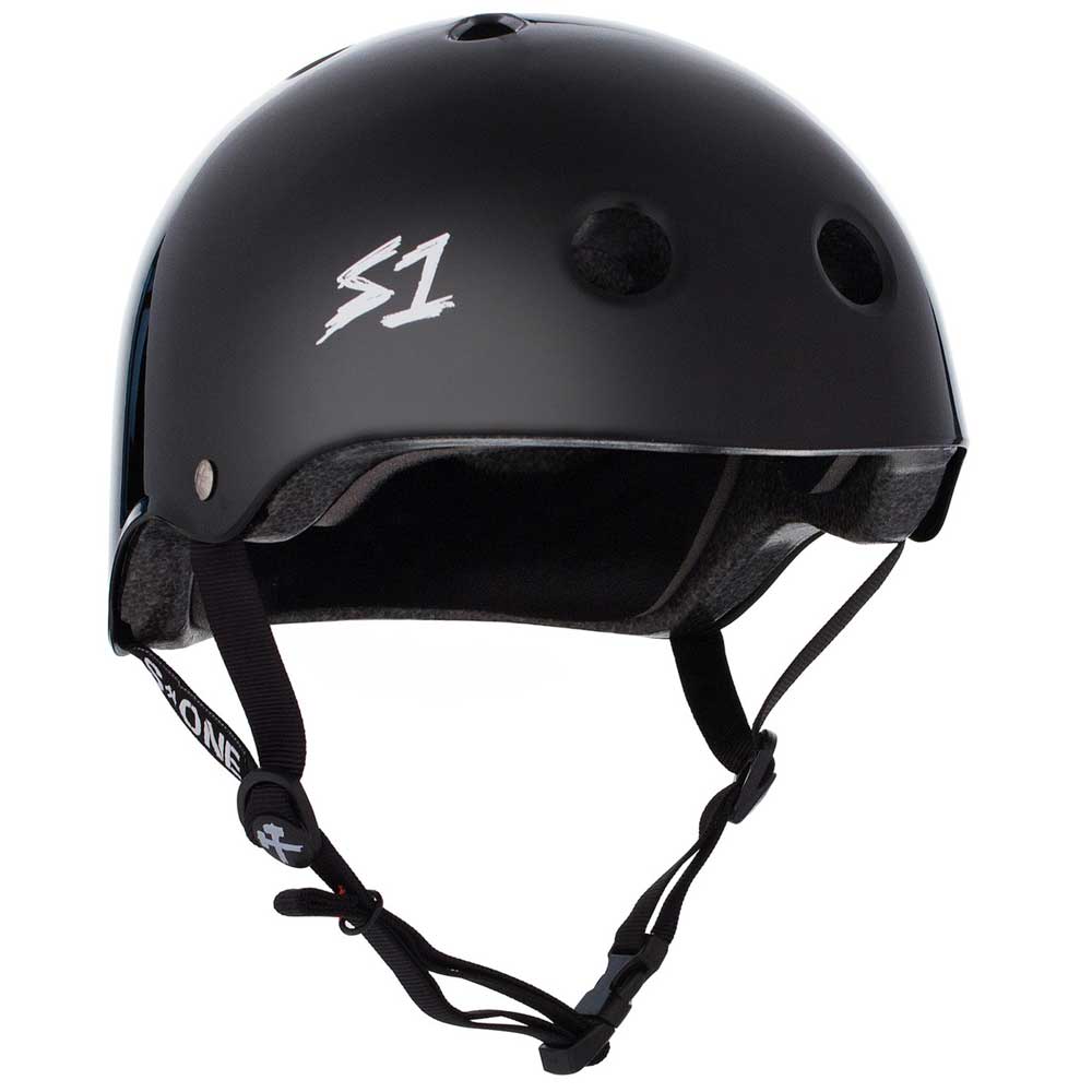 The Black Gloss Lifer S1 Helmet S ONE CPSC features ventilation holes, a white S1 logo, adjustable chin straps, padded interior, and sizing liners for a custom fit. It delivers top CPSC-certified protection and comfort.
