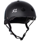 The Black Gloss Lifer S1 Helmet S ONE CPSC features ventilation holes, a white S1 logo, adjustable chin straps, padded interior, and sizing liners for a custom fit. It delivers top CPSC-certified protection and comfort.