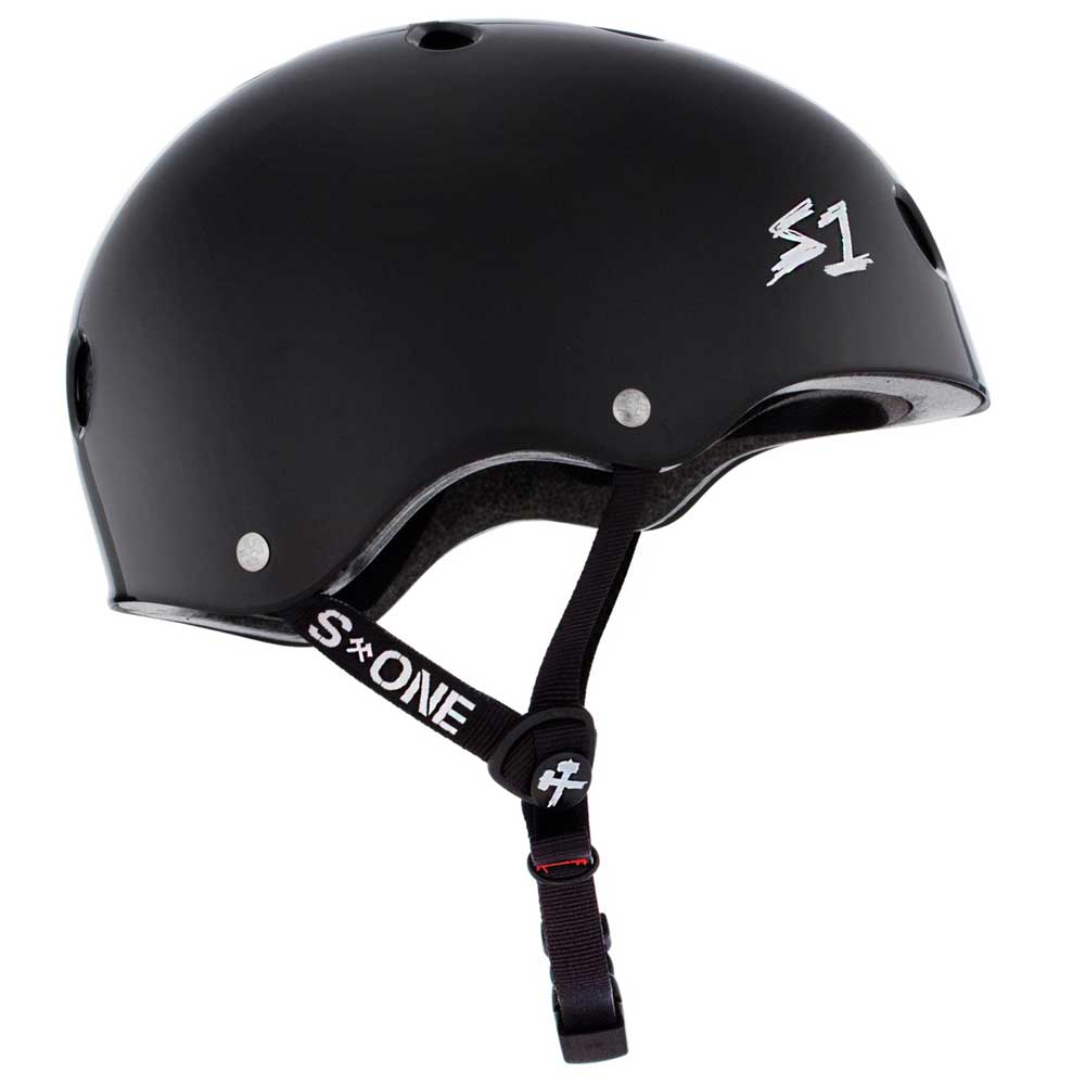 A black gloss Lifer S1 Helmet by S ONE with ventilation holes, a white S1 logo, adjustable black chin strap, CPSC certified, and includes adjustable sizing liners for a secure fit.