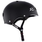 A black gloss Lifer S1 Helmet by S ONE with ventilation holes, a white S1 logo, adjustable black chin strap, CPSC certified, and includes adjustable sizing liners for a secure fit.