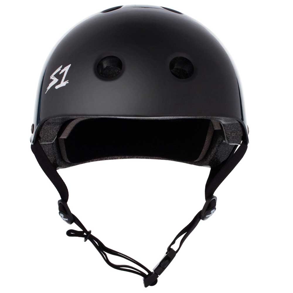 A Black Gloss Lifer S1 Helmet S ONE CPSC is shown from the front, featuring ventilation holes, an adjustable chin strap, white S1 logo on the left side, and adjustable sizing liners for a secure fit.