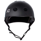 A Black Gloss Lifer S1 Helmet S ONE CPSC is shown from the front, featuring ventilation holes, an adjustable chin strap, white S1 logo on the left side, and adjustable sizing liners for a secure fit.