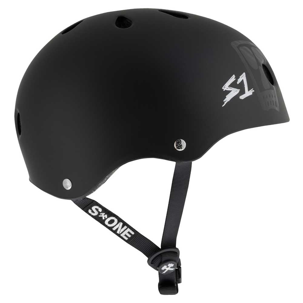 The Lance Mountain Vato Skull Black Matte Lifer S1 Helmet S ONE CPSC features small ventilation holes, an adjustable strap for a secure fit, and the white “S1” logo—delivering style and safety in a matte black skate helmet.
