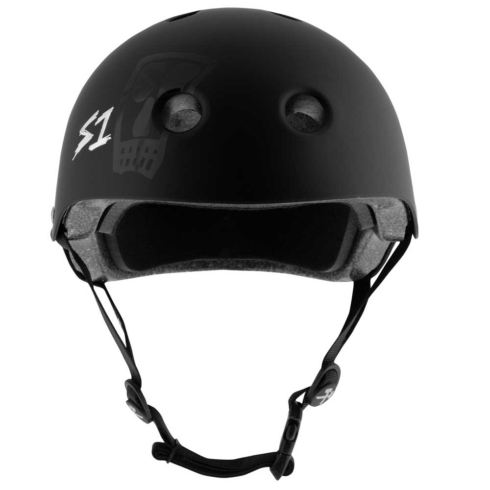 The Lance Mountain Vato Skull Black Matte Lifer S1 Helmet S ONE CPSC features a skull graphic, S1 logo, two front vents, and adjustable chin strap for comfort and safety with its Adjustable Fit Helmet design.