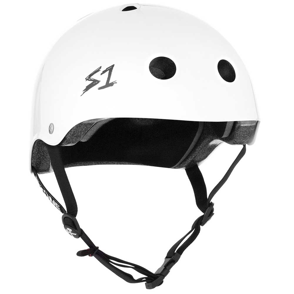 The White Gloss Lifer S1 Helmet S ONE CPSC features black padding, three side vents per side, a bold black S1 logo on the left, adjustable sizing liners, and secure black chin straps with a buckle.