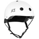 The White Gloss Lifer S1 Helmet S ONE CPSC features black padding, three side vents per side, a bold black S1 logo on the left, adjustable sizing liners, and secure black chin straps with a buckle.