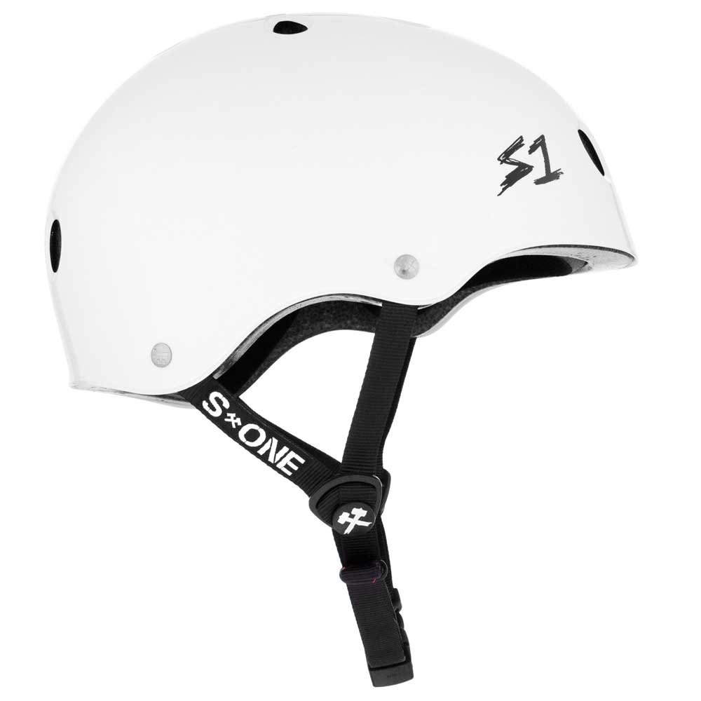 The White Gloss Lifer S1 Helmet S ONE CPSC features the S1 logo, black vents, an "S1 ONE" chin strap, adjustable sizing liners, and delivers classic skate style with comfort and certified safety.