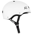 The White Gloss Lifer S1 Helmet S ONE CPSC features the S1 logo, black vents, an "S1 ONE" chin strap, adjustable sizing liners, and delivers classic skate style with comfort and certified safety.
