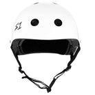 The White Gloss Lifer S1 Helmet S ONE CPSC features black ventilation holes, black padding, adjustable sizing liners, a black chin strap, and "S1" printed on the left side, offering comfort and CPSC-certified protection.