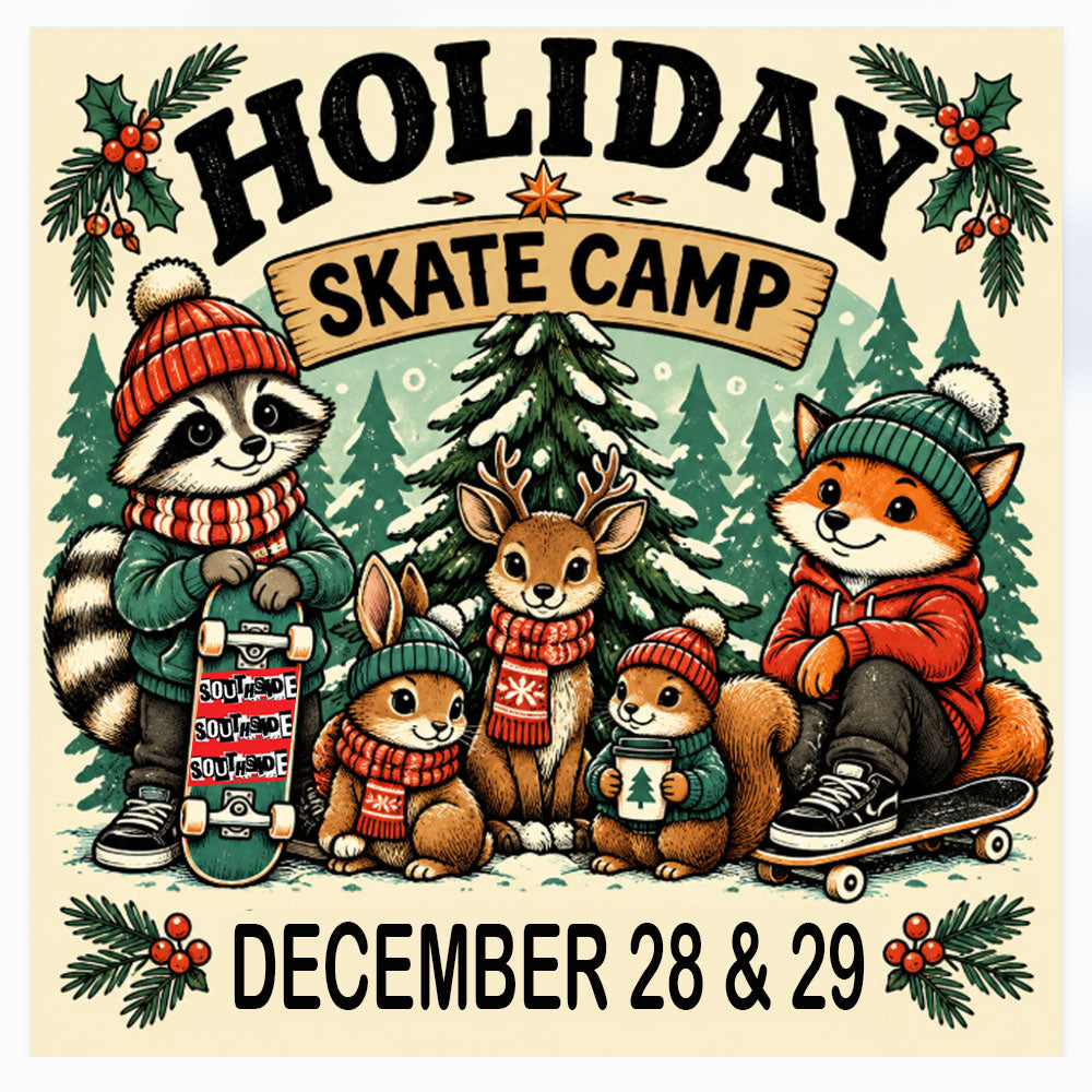 A raccoon and fox with skateboards join other forest animals in winter clothes by a Christmas tree to advertise the Holiday Break Instructional Skateboarding Day Camp December 28th and 29th 2026.