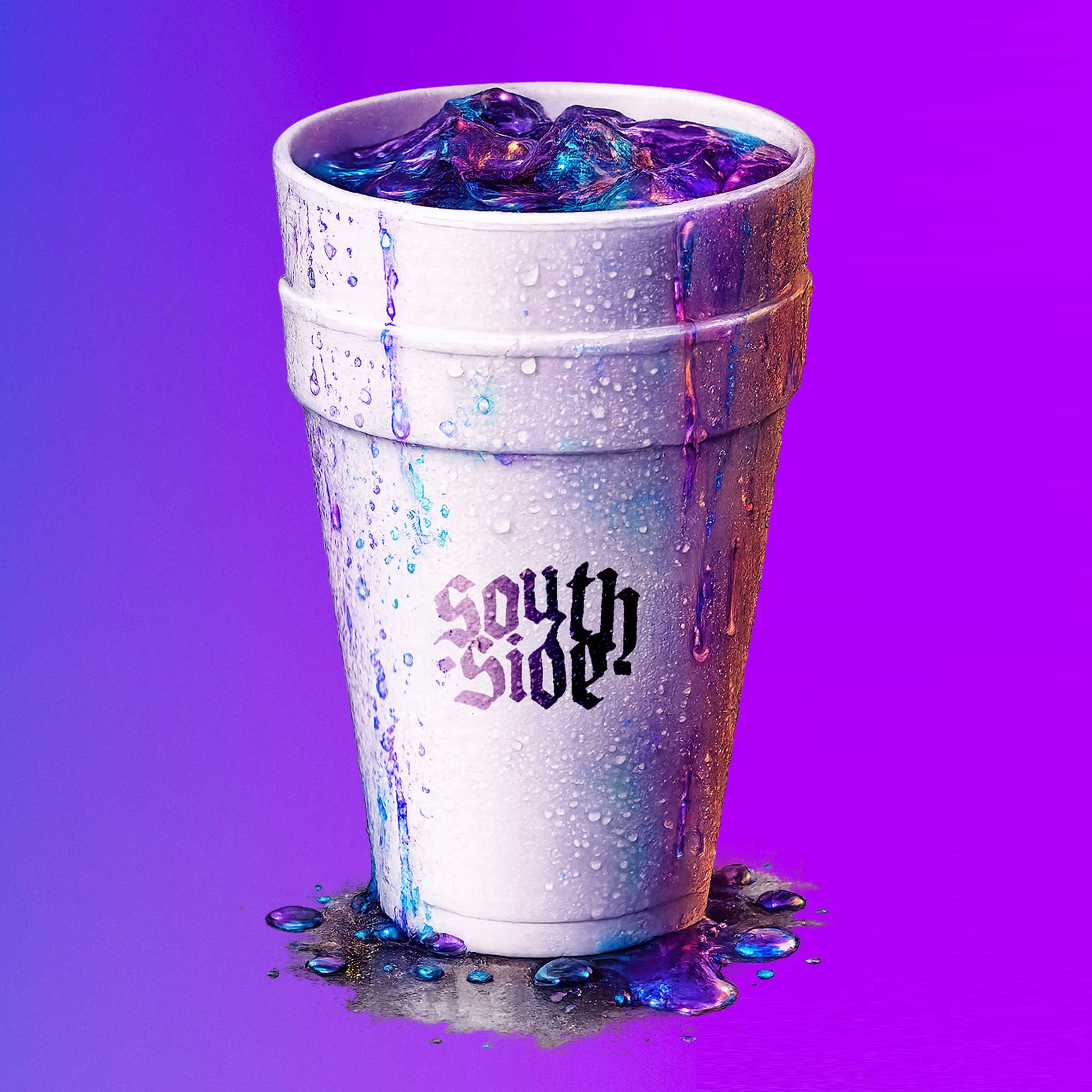 A white styrofoam cup labeled “South Side,” filled with purple liquid and ice, sits against a purple gradient—echoing the vintage vibe of the Southside Double Cup T-Shirt Multicolor Tee, with a splash spilled at its base.