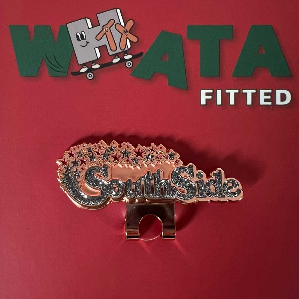 A metallic pin showing "SouthSide" with stars is displayed on red. Above, green and white text reads "El Sarape Sugar Land Space Cowboys New Era Hat 5950 Day," with the H shaped as a box on a skateboard.