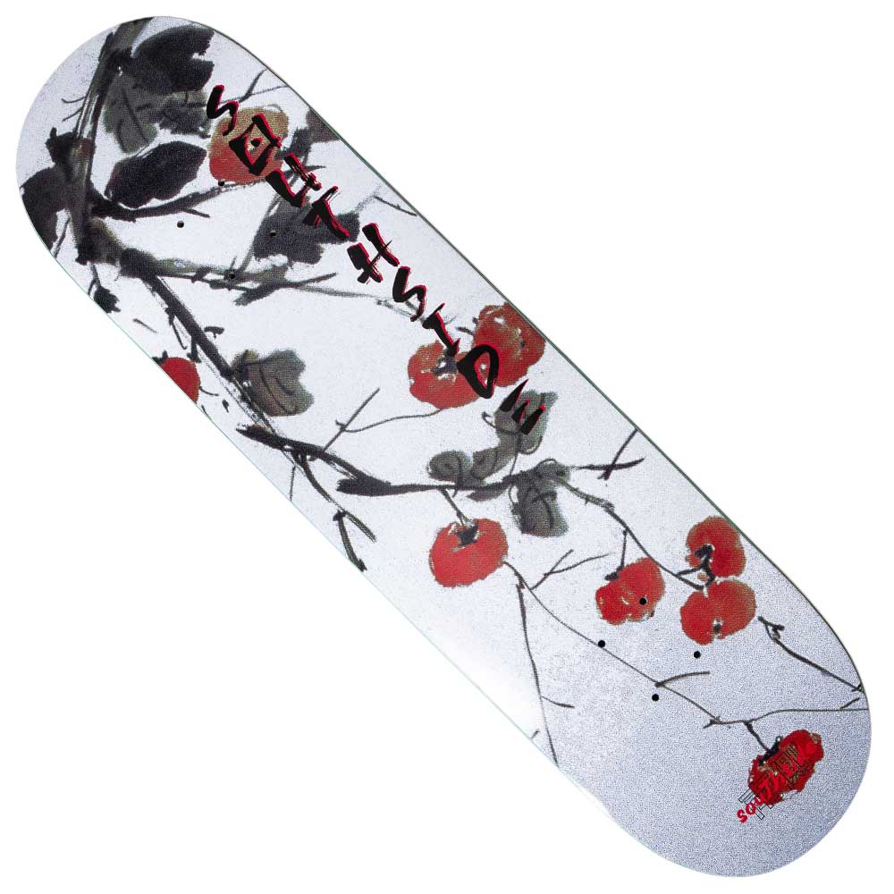 The Persimmon Tree Southside Skateboard Deck by Nguyen Duc Hien features a persimmon tree with red fruit and dark branches, inspired by East Asian ink painting, with bold black and red text on a white background.