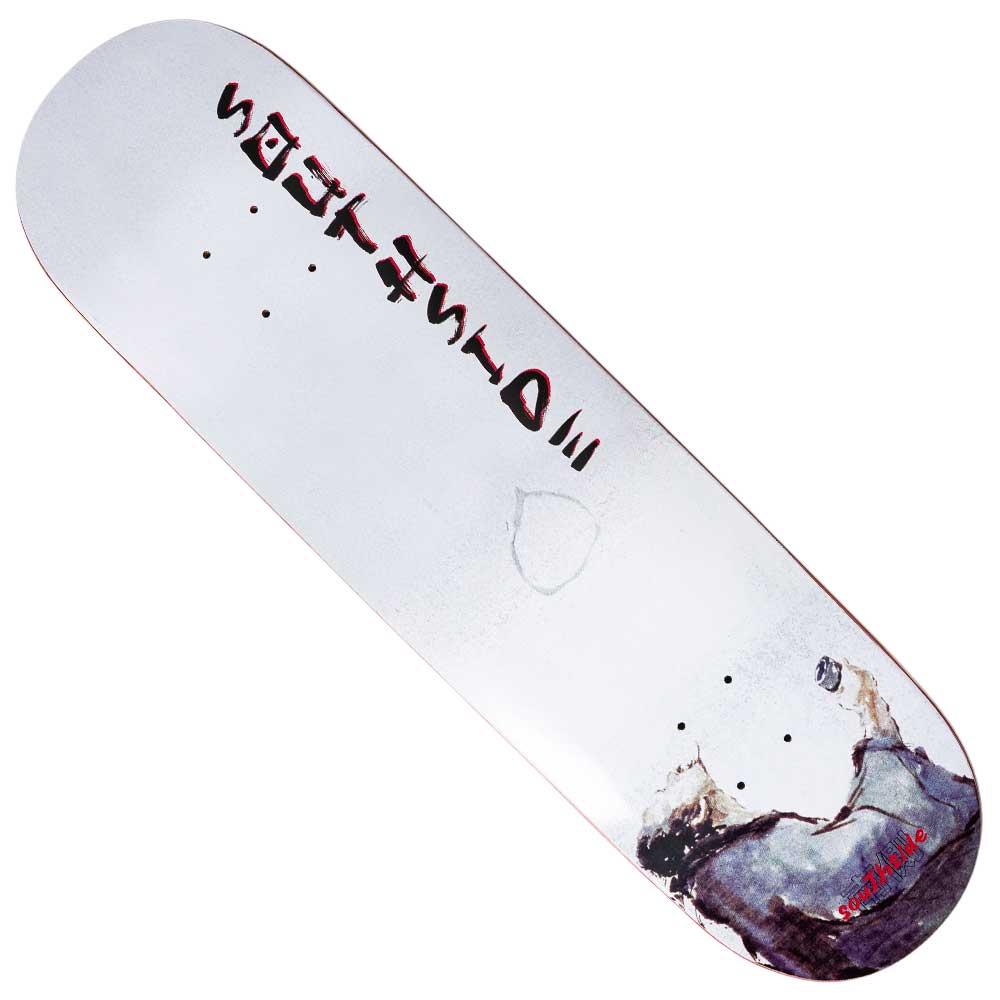 The Village Drunk Southside Skateboard Deck by Nguyen Duc Hien features abstract black and gray art at the bottom on a white background, with red "Village Drunk" text along the top left.
