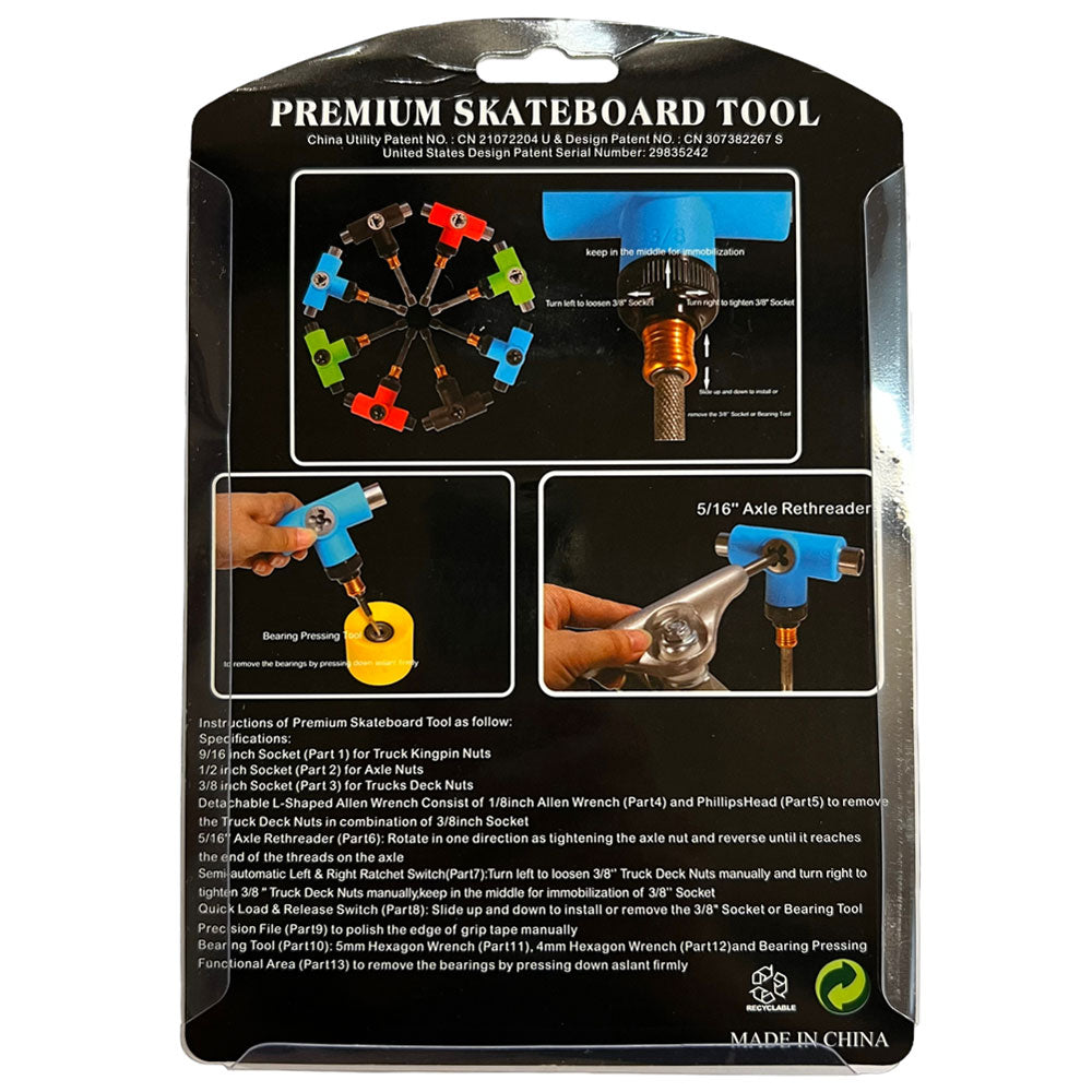Back packaging of the Southside Multi-Functional Ratchet Tool Green, showing photos of the tool and socket in use for skateboard adjustments. Text details its features and functions in English.