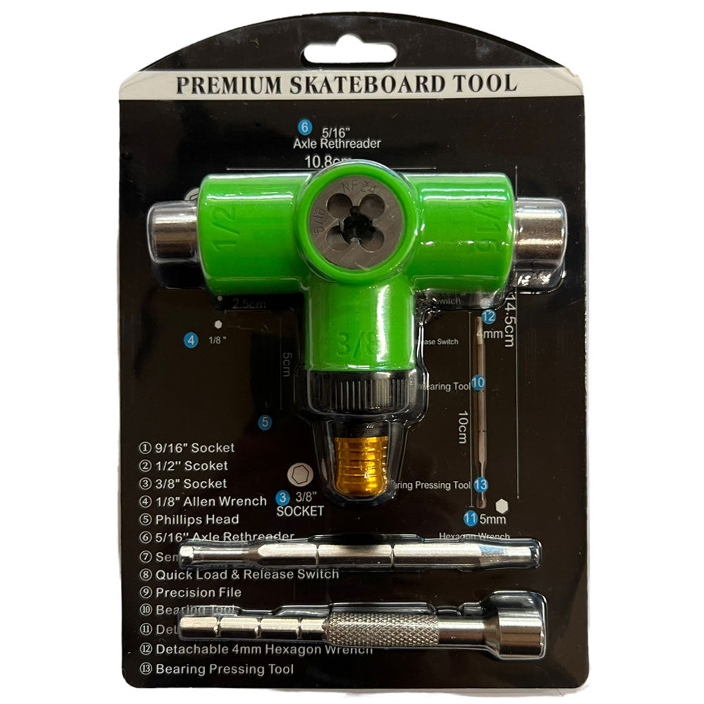The Southside Multi-Functional Ratchet Tool Green comes in plastic packaging, featuring a T-shaped tool with multiple skateboard sockets and attachments. Package details and specs are listed in white text on a black background.