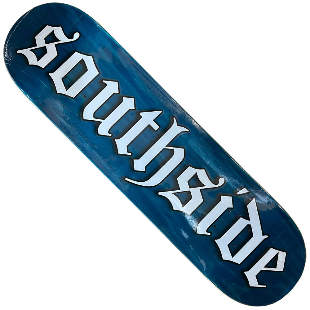 The Old English OE Southside Deck in various stains is made from hardrock maple and features "southside" in large, white Old English letters displayed diagonally across the board.