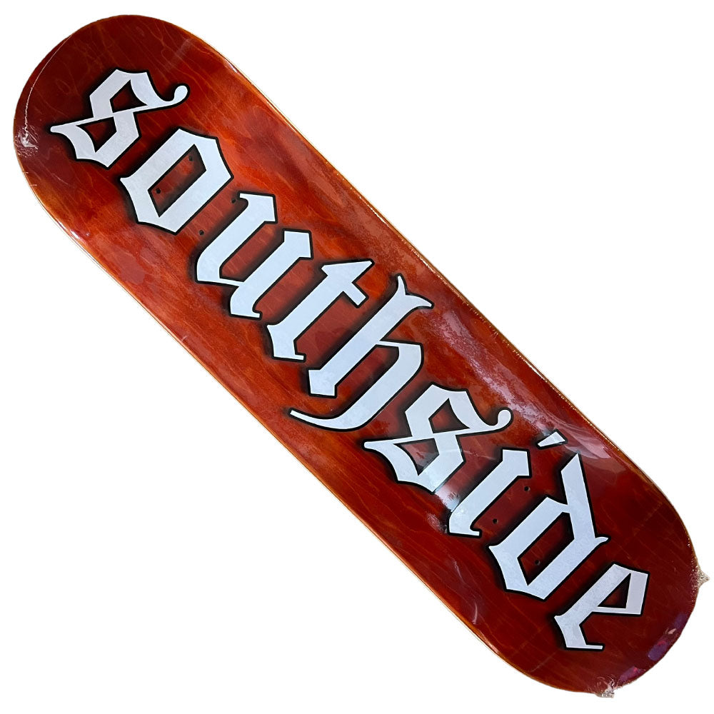 The Old English OE Southside Deck features a hardrock maple construction with various woodgrain stains and bold, white Old English “Southside” lettering across the surface.