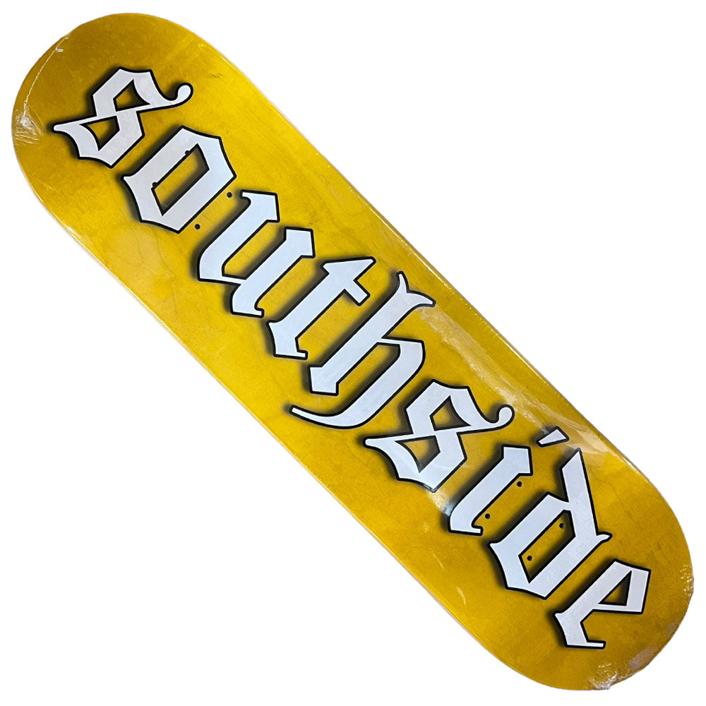 The Old English OE Southside Deck in yellow stain is crafted from hardrock maple and features "southside" in bold, white Old English lettering across the center.