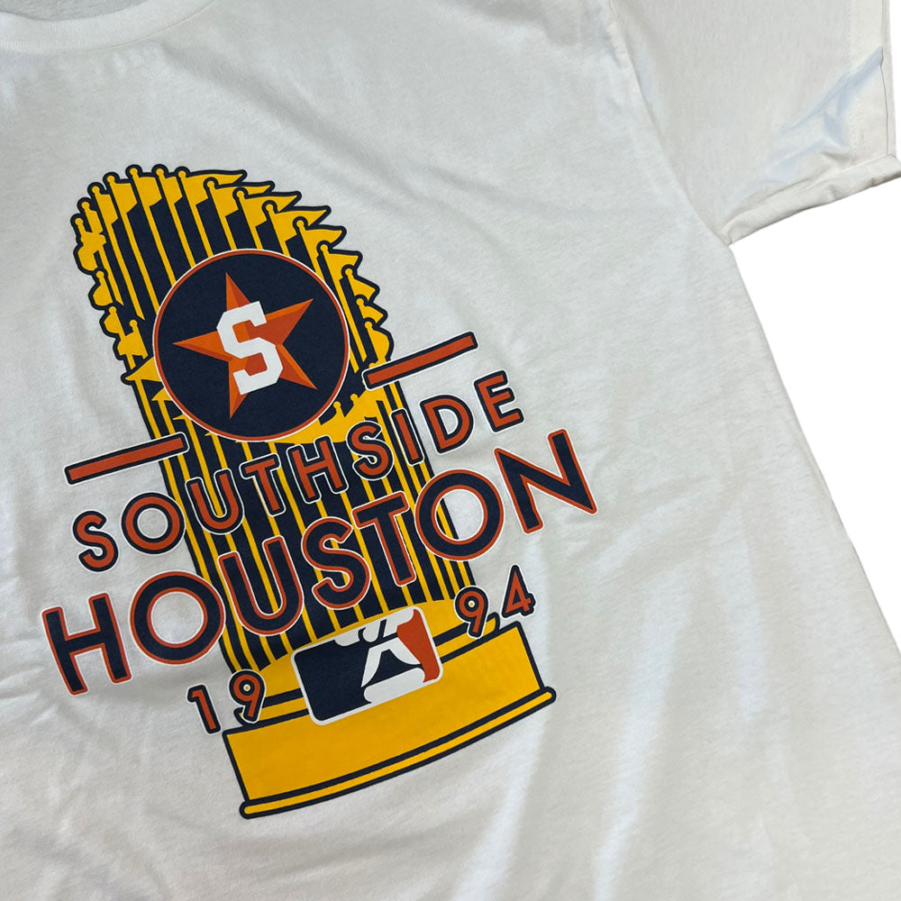 The Southside 94 Tee White Houston Trophy features a gold trophy, a star with an “S,” and “Southside Houston 1994” text above an MLB logo on a white t-shirt.