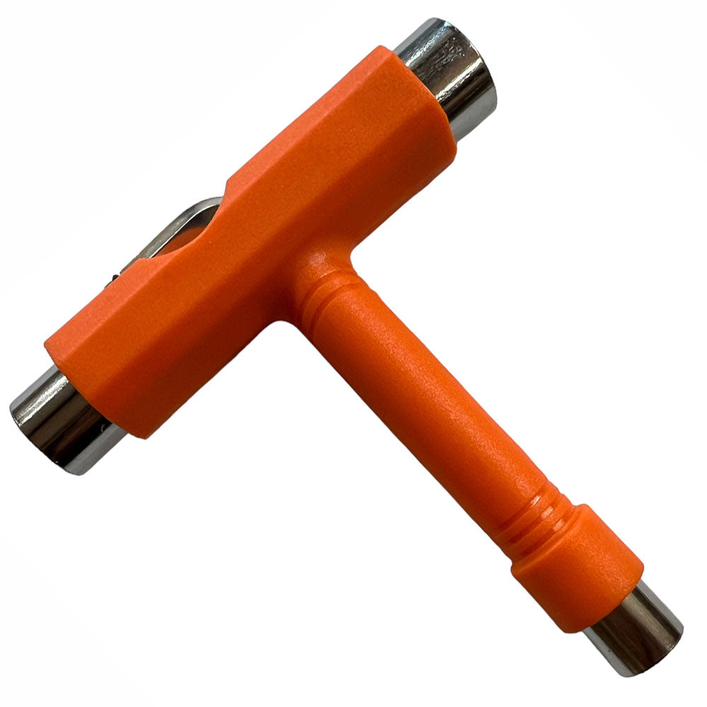 The Southside Tool Orange features metal sockets at each end and a removable metal wrench stored in the handle, making it perfect for adjusting skateboard hardware.