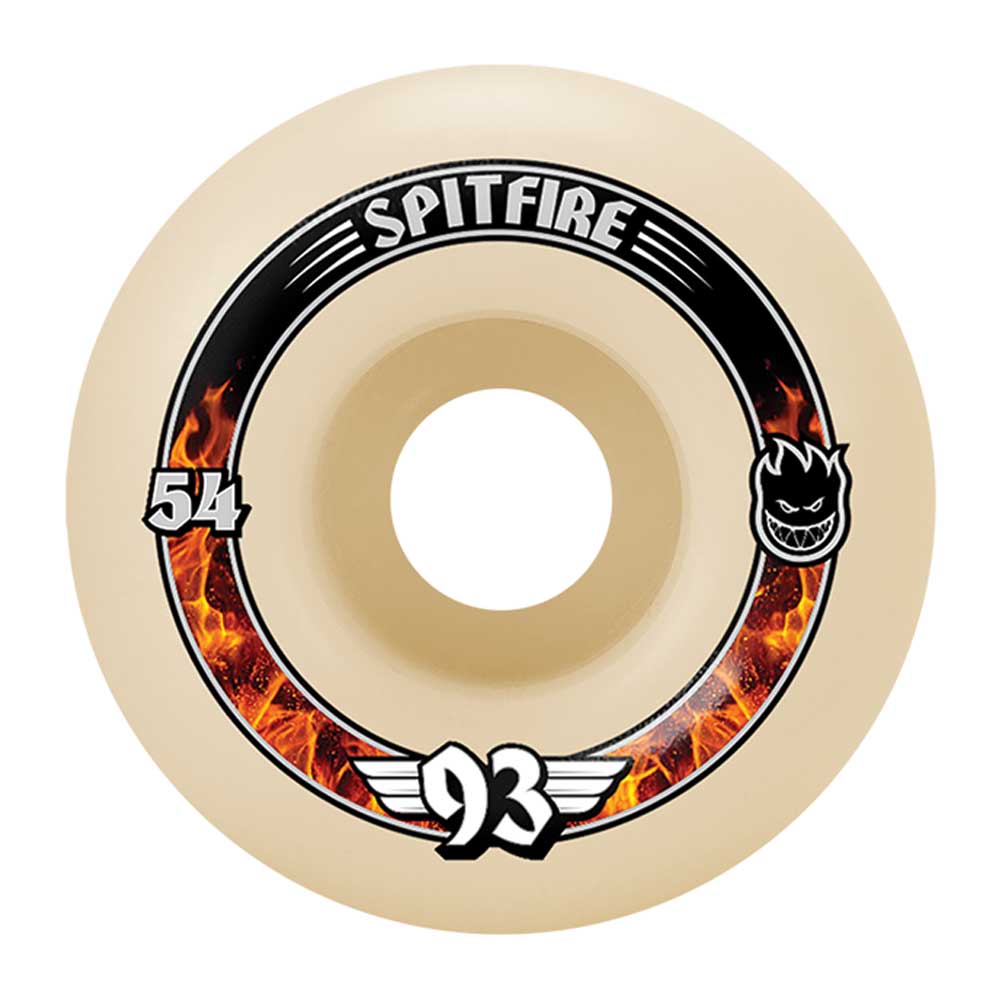 The Spitfire Wheels Radial 54mm93A Soft Sliders is a beige skateboard wheel with the Spitfire logo, number 54 on the left, a flaming head icon on the right, and the number 93 with white wings at the bottom in a fiery design.
