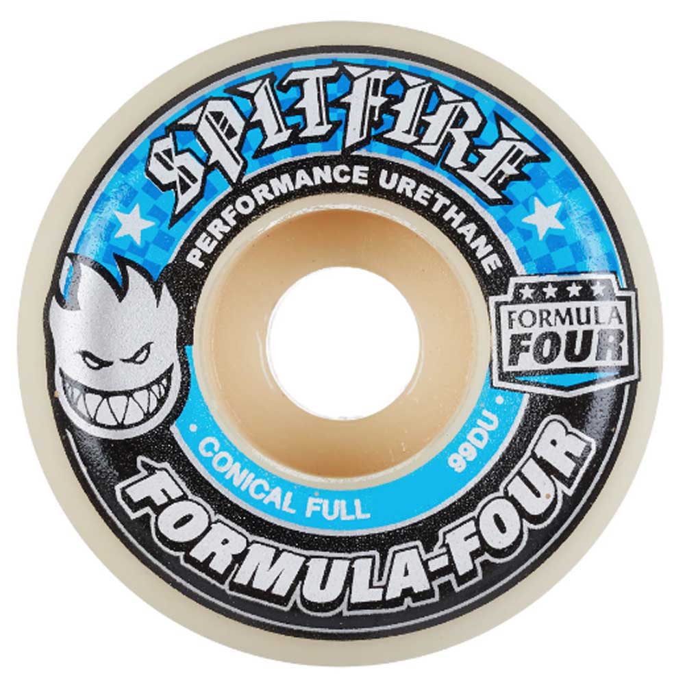 The Spitfire Wheels F4 Conical Full 52mm99A has a white edge, bold SPITFIRE FORMULA FOUR text, blue and black design, plus Formula Four and grinning flame logos for standout skateboard style.