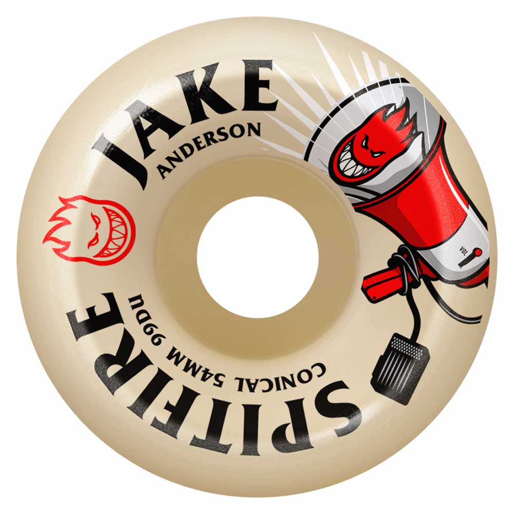 The Spitfire Wheels F4 Conical Full 54mm99A Jake Anderson Burn Squad is a beige skateboard wheel with black "JAKE ANDERSON" and "SPITFIRE CONICAL 54MM 99DU" text, featuring a red and white megaphone and cartoon flame face graphic.