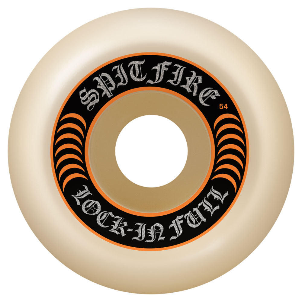 The Spitfire Wheels F4 Lock In Full 54mm99A is a cream skateboard wheel with "LOCK-IN FULL" in white on a black and orange center design; the size 54mm 99A is shown in yellow.