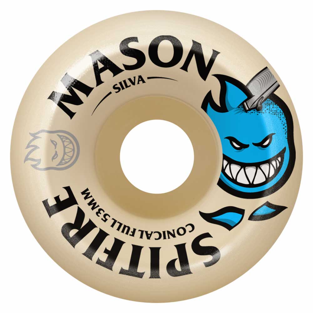 Spitfire Wheels F4 Conical Full 53mm99A Mason Burn Squad skateboard wheel, beige with "MASON SILVA SPITFIRE CONICAL FULL 53MM" text and a grinning blue cartoon face with a pen above its head and faint white outline.