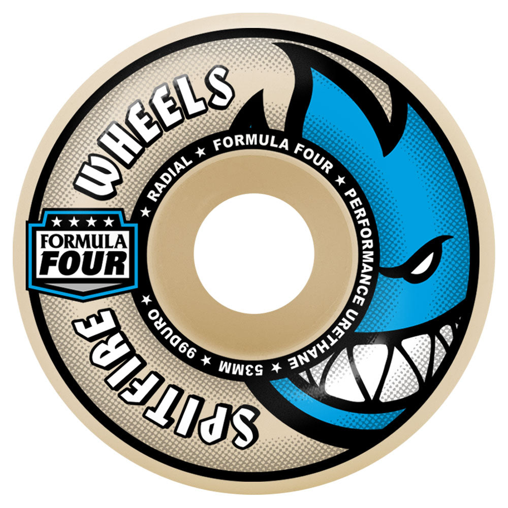 The Spitfire Wheels F4 Radial 53mm99A skateboard wheel has a beige outer ring, a blue cartoon face with sharp teeth, and bold black and white text: Spitfire Wheels, Formula Four, F4 Radial, and 53mm99A.