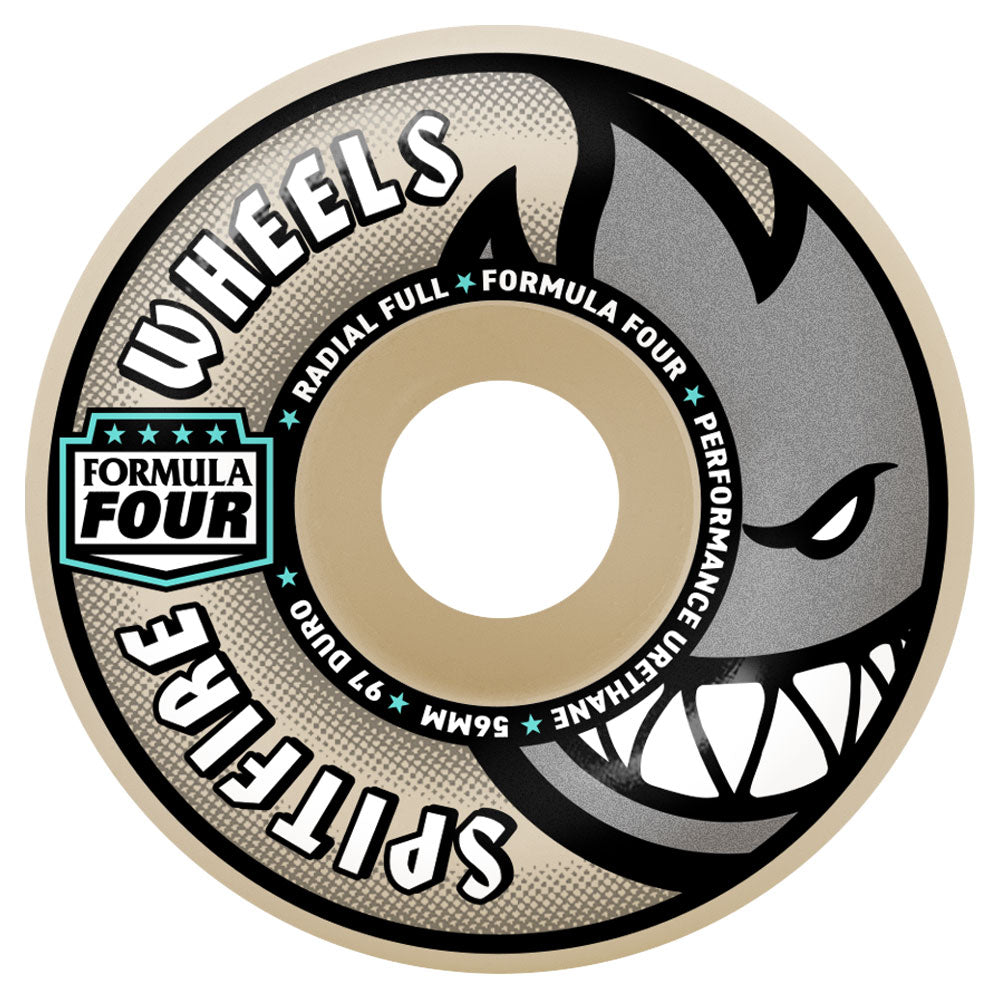 Spitfire F4 54mm97A Radial skateboard wheel featuring the Spitfire logo with a stylized angry face and sharp teeth. Text: Spitfire Wheels F4 Radial Full, Performance Urethane, 97A durometer, 54mm diameter.