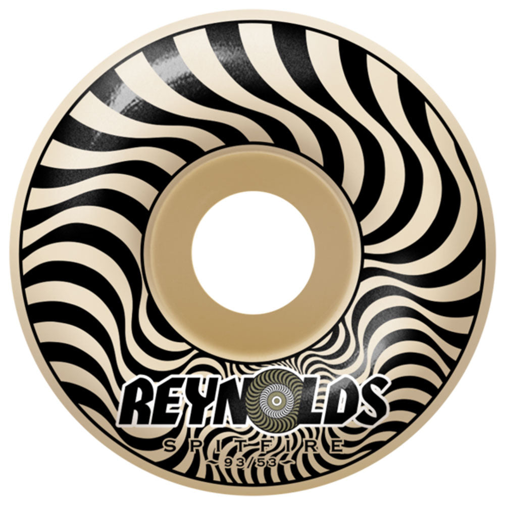 A black and white Reynolds Classic F4 53mm93A Spitfire skateboard wheel featuring a hypnotic spiral design and product details printed on its surface.