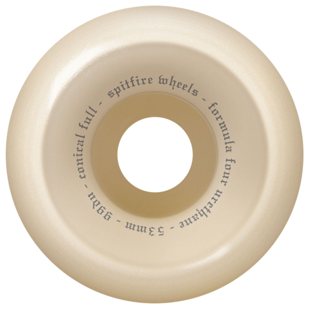 A beige Venom Script Conical Full F4 53mm99A Spitfire Wheels skateboard wheel viewed from above, featuring bold black text along the inner circle: Spitfire Wheels - Formula Four - 53mm99A - Conical Full.