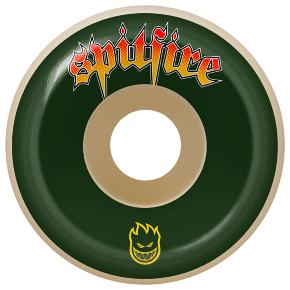The Venom Script Conical Full F4 53mm99A Spitfire Wheels feature a dark green wheel with a beige core, the Spitfire logo in red and yellow on top, and a yellow flaming head icon with a mischievous grin at the bottom.