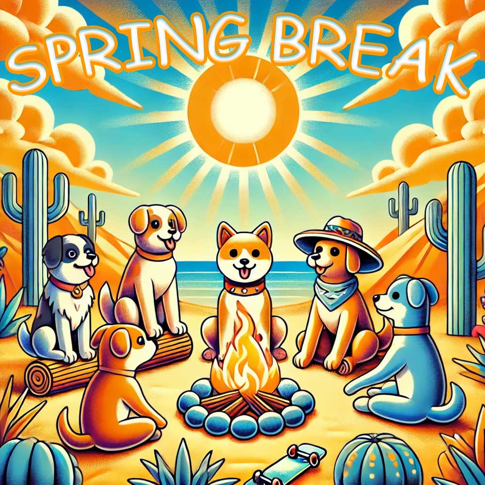 Six cartoon dogs gather by a campfire in a desert with cacti and sun, under the words SPRING BREAK, celebrating Southside Skatepark’s Instructional Spring Break Skateboarding Day Camp, March 9–11, 2026. The scene is colorful and fun.