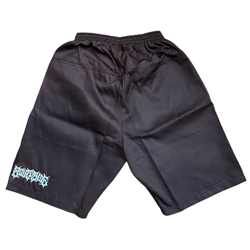 Texas Icon Brown Southside 94 Shorts displayed flat with an elastic waistband, featuring a light blue graphic logo near the hem. These loose-fitting, knee-length shorts are ideal for vert ramp skateboarding.