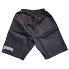 Texas Icon Brown Southside 94 Shorts displayed flat with an elastic waistband, featuring a light blue graphic logo near the hem. These loose-fitting, knee-length shorts are ideal for vert ramp skateboarding.